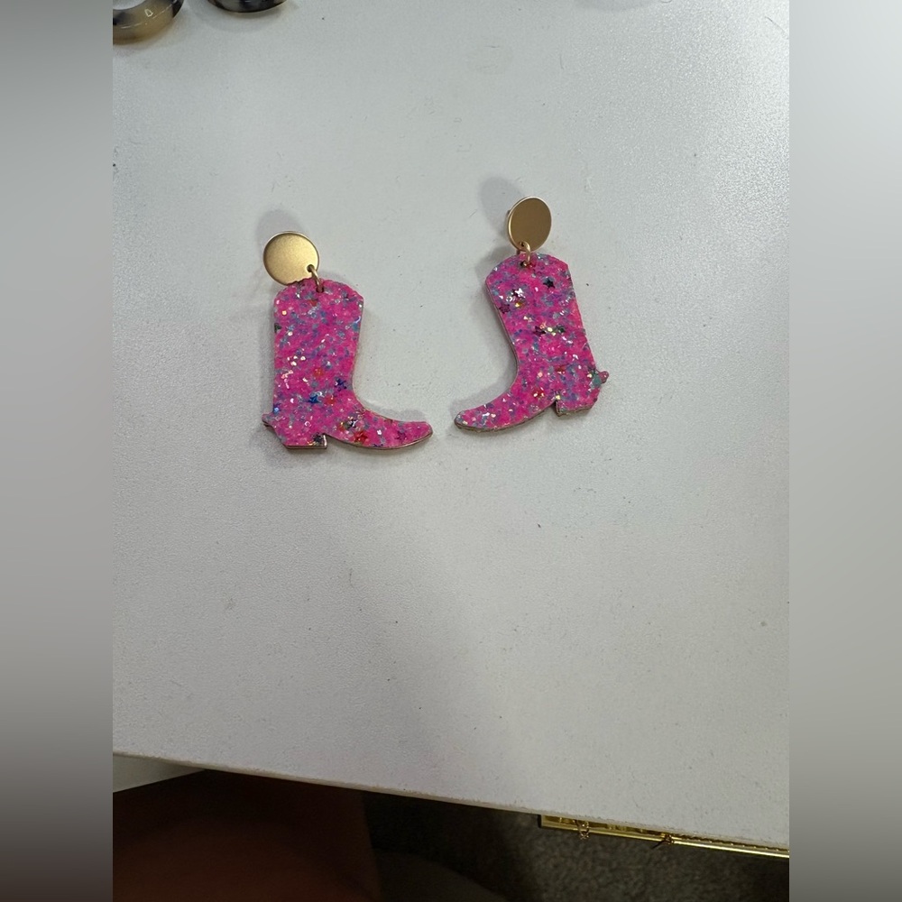 Boutique Pink Glitter Cowboy Boot Earrings